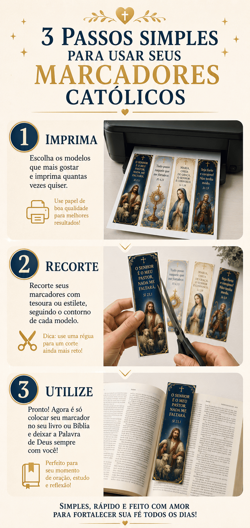 3 passos simples para usar seus marcadores católicos: imprima, recorte e utilize